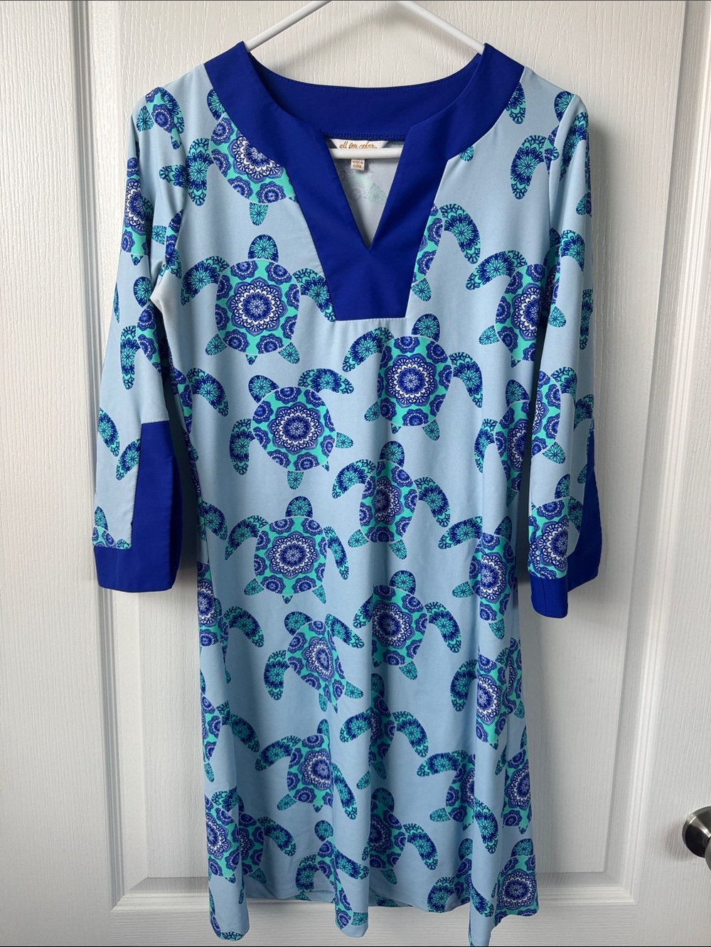 All For Color Light Blue Sea Turtle Print Dress with Royal Blue Trim -S